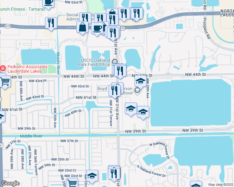 map of restaurants, bars, coffee shops, grocery stores, and more near in Lauderdale Lakes