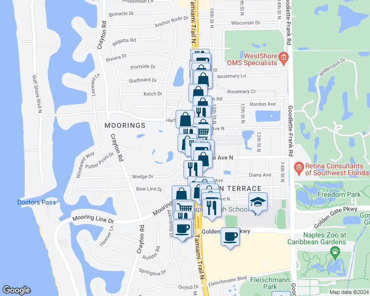 map of restaurants, bars, coffee shops, grocery stores, and more near 2555 Tamiami Trail North in Naples