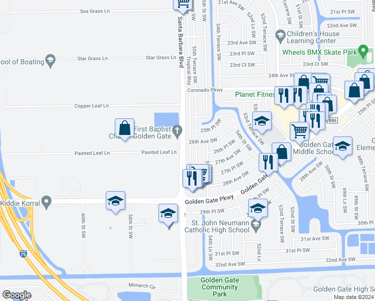 map of restaurants, bars, coffee shops, grocery stores, and more near 2620 Santa Barbara Boulevard in Naples
