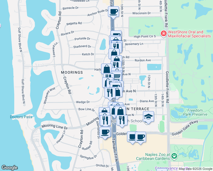 map of restaurants, bars, coffee shops, grocery stores, and more near 2555 Tamiami Trail North in Naples