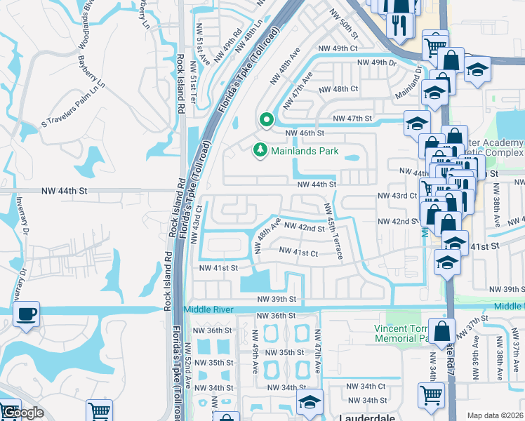 map of restaurants, bars, coffee shops, grocery stores, and more near 4230 Northwest 49th Terrace in Lauderdale Lakes