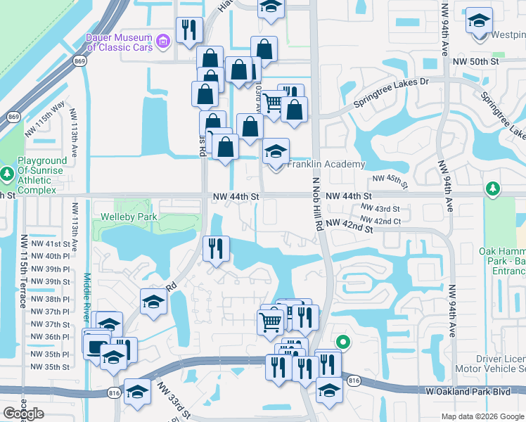 map of restaurants, bars, coffee shops, grocery stores, and more near 4341 Northwest 103rd Terrace in Sunrise