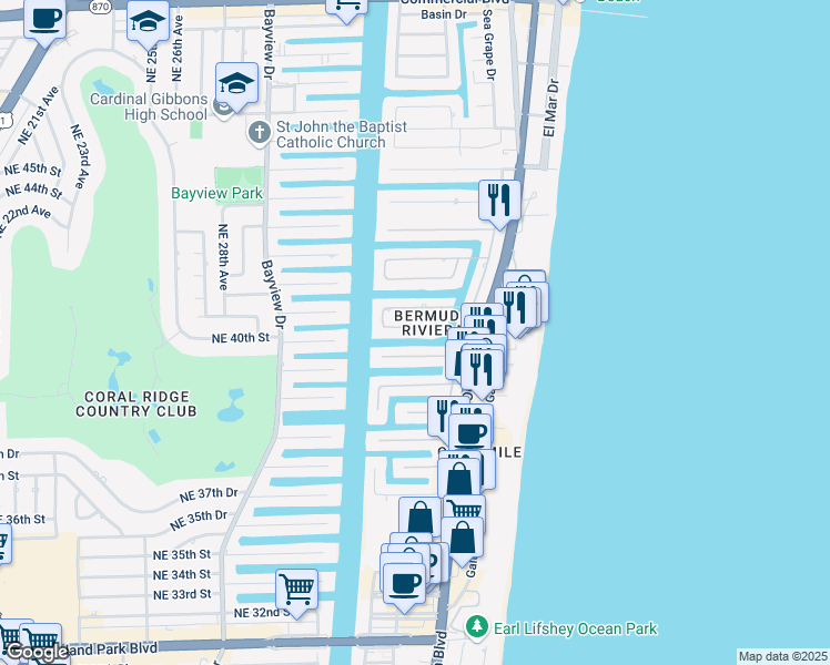 map of restaurants, bars, coffee shops, grocery stores, and more near 43 Fort Royal Isle in Fort Lauderdale