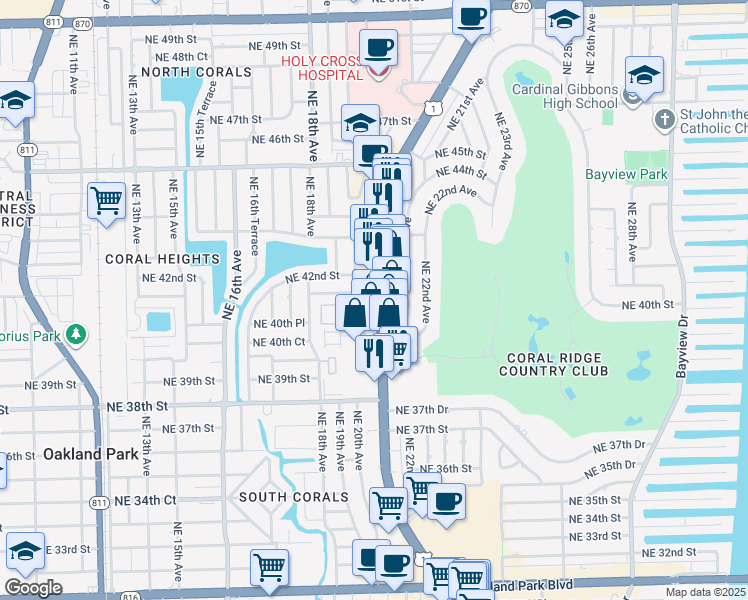 map of restaurants, bars, coffee shops, grocery stores, and more near 4025 North Federal Highway in Fort Lauderdale