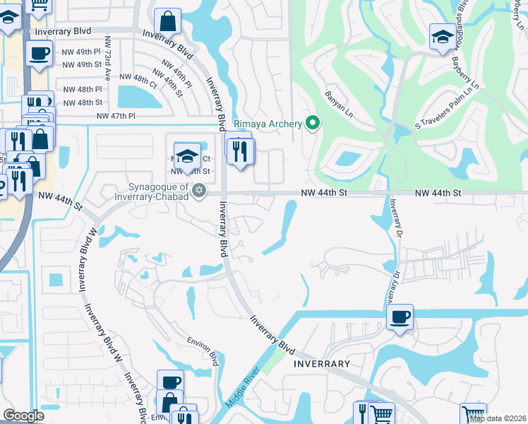 map of restaurants, bars, coffee shops, grocery stores, and more near 4124 Inverrary Boulevard in Lauderhill