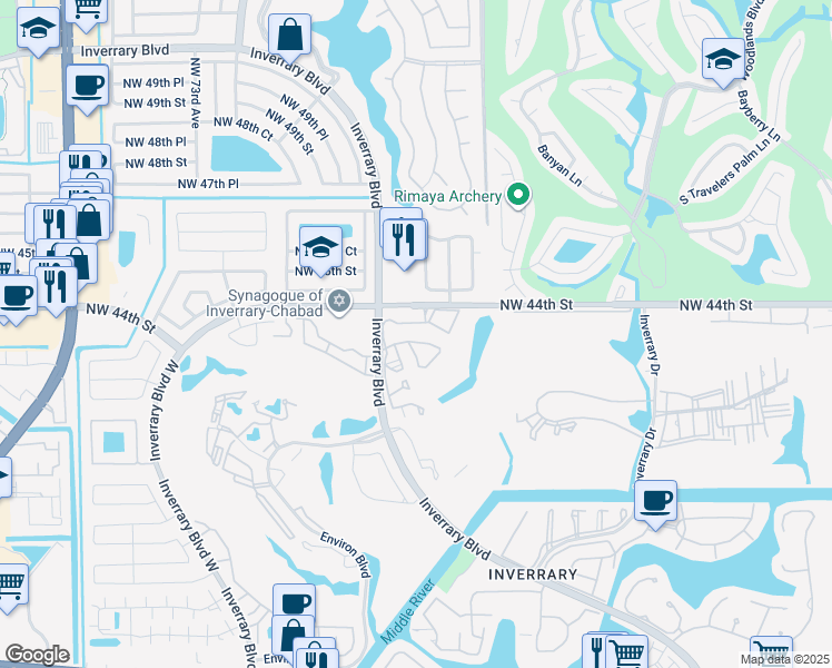 map of restaurants, bars, coffee shops, grocery stores, and more near 4124 Inverrary Boulevard in Lauderhill