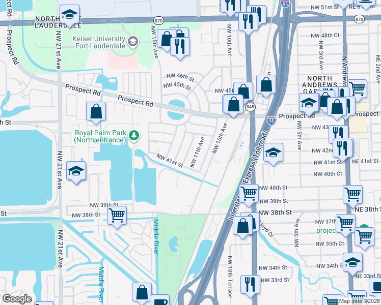 map of restaurants, bars, coffee shops, grocery stores, and more near 4160 Northwest 12th Avenue in Fort Lauderdale