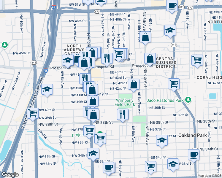 map of restaurants, bars, coffee shops, grocery stores, and more near 240 Northeast 42nd Street in Oakland Park