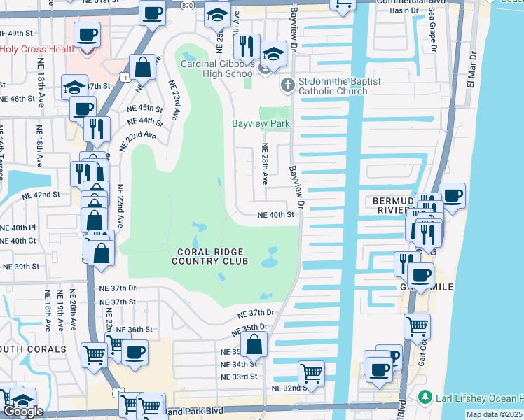 map of restaurants, bars, coffee shops, grocery stores, and more near 2611 Northeast 40th Street in Fort Lauderdale