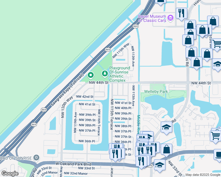 map of restaurants, bars, coffee shops, grocery stores, and more near 4300 Northwest 116th Avenue in Sunrise