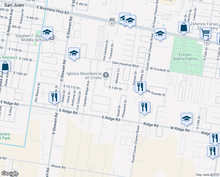 map of restaurants, bars, coffee shops, grocery stores, and more near 905 East 13th Street in San Juan