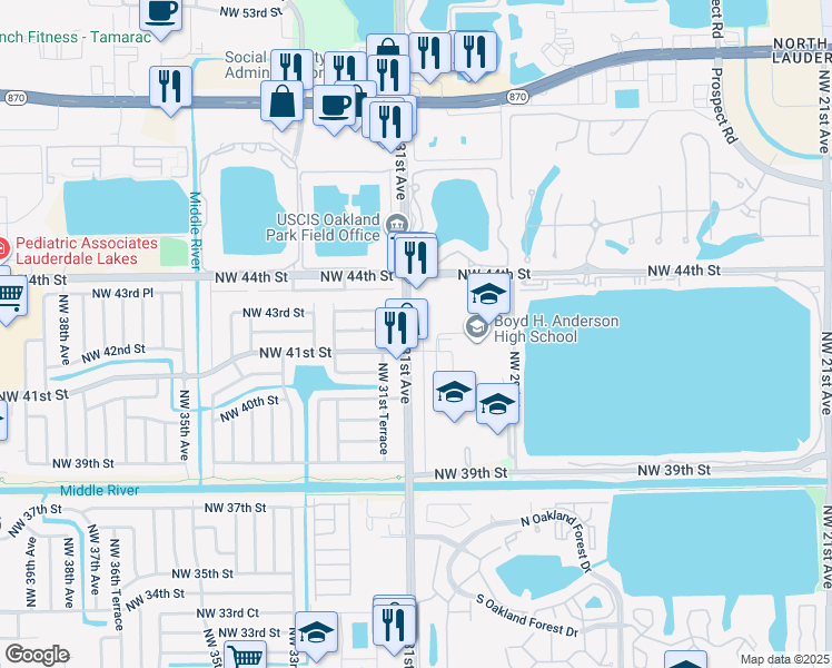 map of restaurants, bars, coffee shops, grocery stores, and more near in Lauderdale Lakes