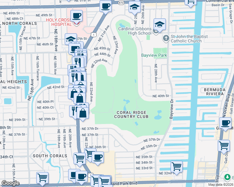 map of restaurants, bars, coffee shops, grocery stores, and more near 3964 Northeast 22nd Avenue in Fort Lauderdale