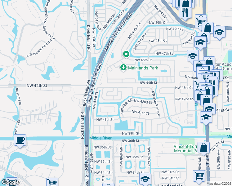 map of restaurants, bars, coffee shops, grocery stores, and more near 4230 Northwest 49th Terrace in Lauderdale Lakes
