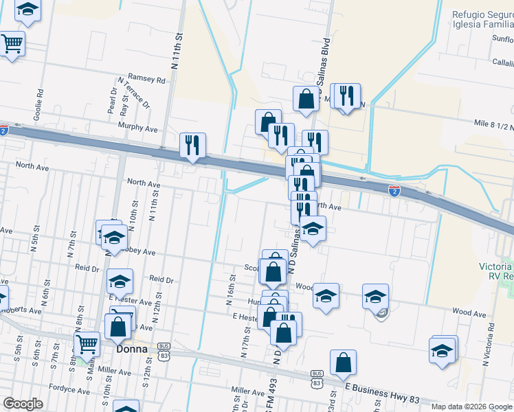 map of restaurants, bars, coffee shops, grocery stores, and more near 519 North 17th Street in Donna