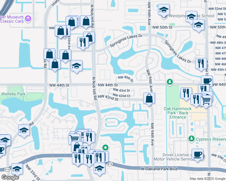 map of restaurants, bars, coffee shops, grocery stores, and more near 9807 Northwest 42nd Court in Sunrise