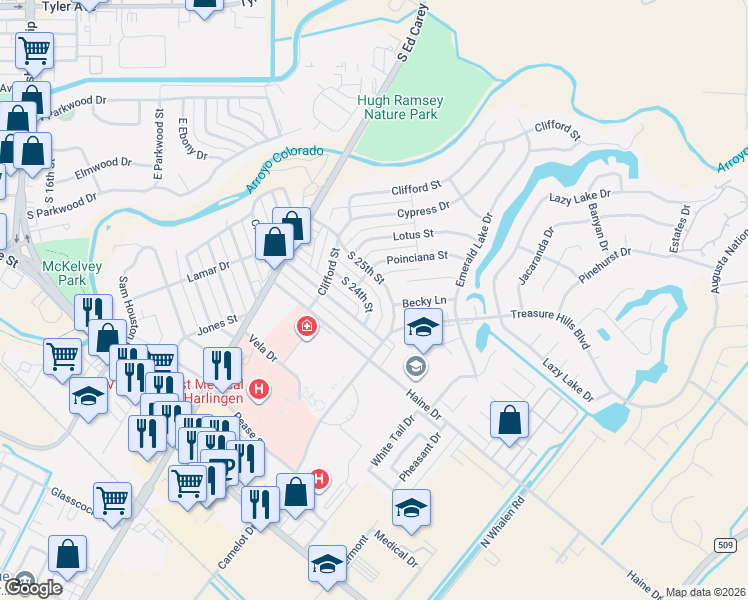 map of restaurants, bars, coffee shops, grocery stores, and more near 2319 S 24th St in Harlingen