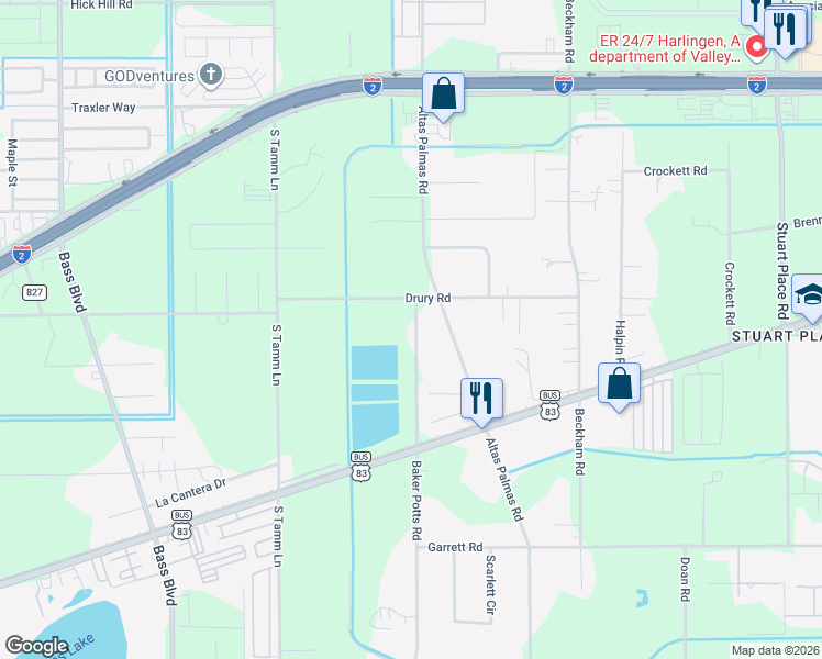 map of restaurants, bars, coffee shops, grocery stores, and more near 26252 Baker Potts Road in Harlingen