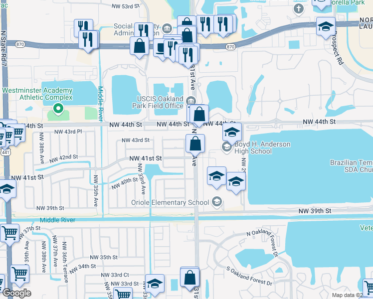 map of restaurants, bars, coffee shops, grocery stores, and more near 3131 Northwest 41st Street in Fort Lauderdale