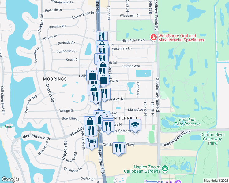 map of restaurants, bars, coffee shops, grocery stores, and more near 2630 10th Street North in Naples