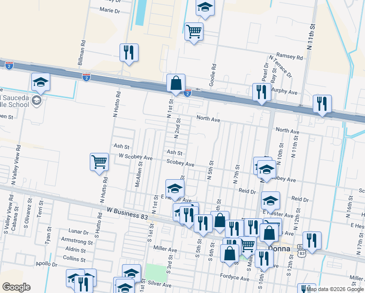 map of restaurants, bars, coffee shops, grocery stores, and more near 202 Ash Street in Donna