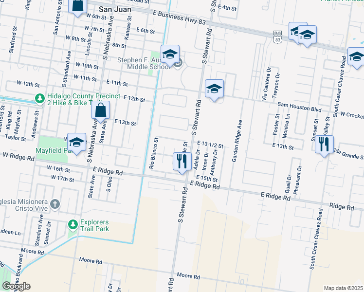 map of restaurants, bars, coffee shops, grocery stores, and more near 1318 Rio Grande Street in San Juan