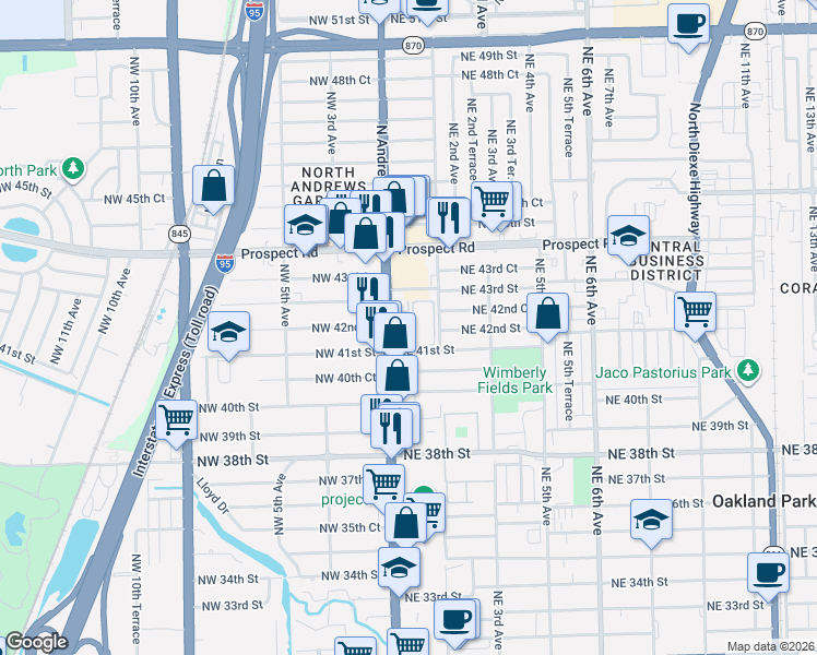 map of restaurants, bars, coffee shops, grocery stores, and more near 95 Northeast 41st Street in Oakland Park