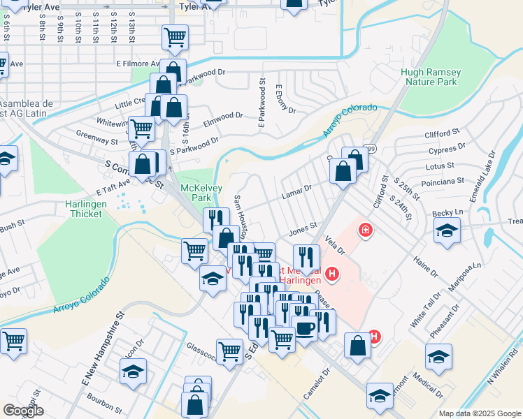map of restaurants, bars, coffee shops, grocery stores, and more near 1902 Lamar Street in Harlingen