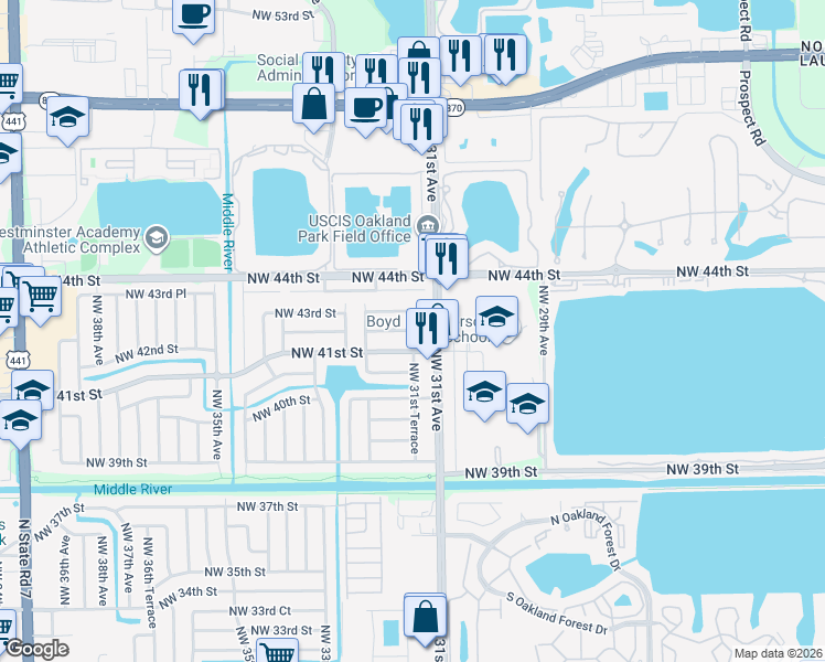 map of restaurants, bars, coffee shops, grocery stores, and more near 3131 Northwest 41st Street in Fort Lauderdale