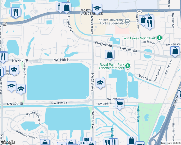 map of restaurants, bars, coffee shops, grocery stores, and more near 109 Lake Emerald Drive in Oakland Park