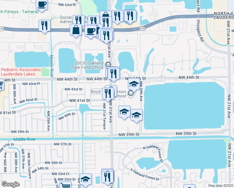 map of restaurants, bars, coffee shops, grocery stores, and more near in Lauderdale Lakes