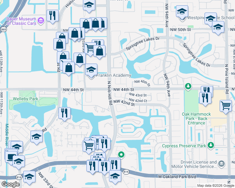 map of restaurants, bars, coffee shops, grocery stores, and more near 9928 Northwest 42nd Court in Sunrise
