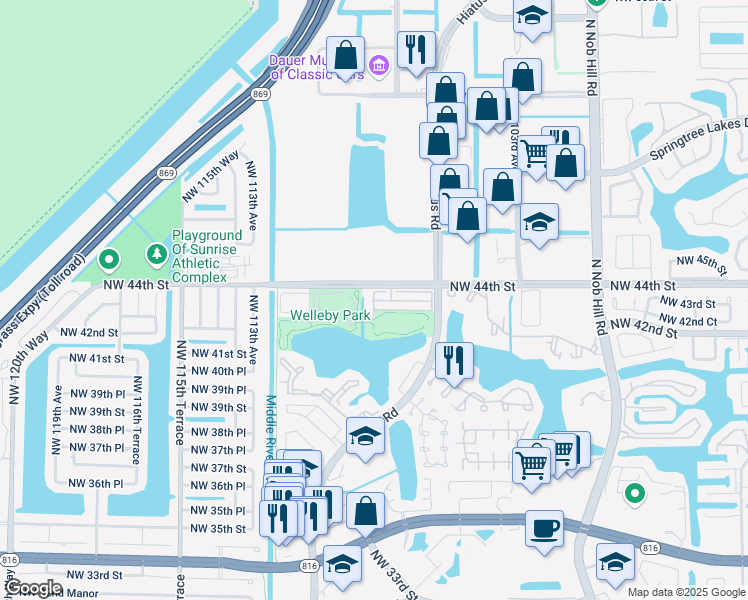 map of restaurants, bars, coffee shops, grocery stores, and more near 4289 Northwest 109th Terrace in Sunrise