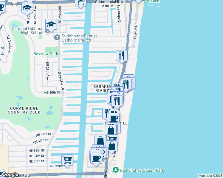 map of restaurants, bars, coffee shops, grocery stores, and more near 4015 Northeast 34th Avenue in Fort Lauderdale