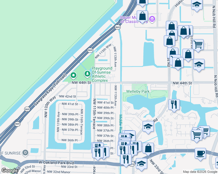 map of restaurants, bars, coffee shops, grocery stores, and more near 4280 Northwest 113th Terrace in Sunrise