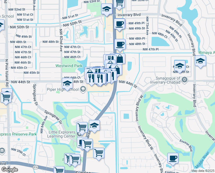 map of restaurants, bars, coffee shops, grocery stores, and more near 7738 Northwest 44th Street in Lauderhill