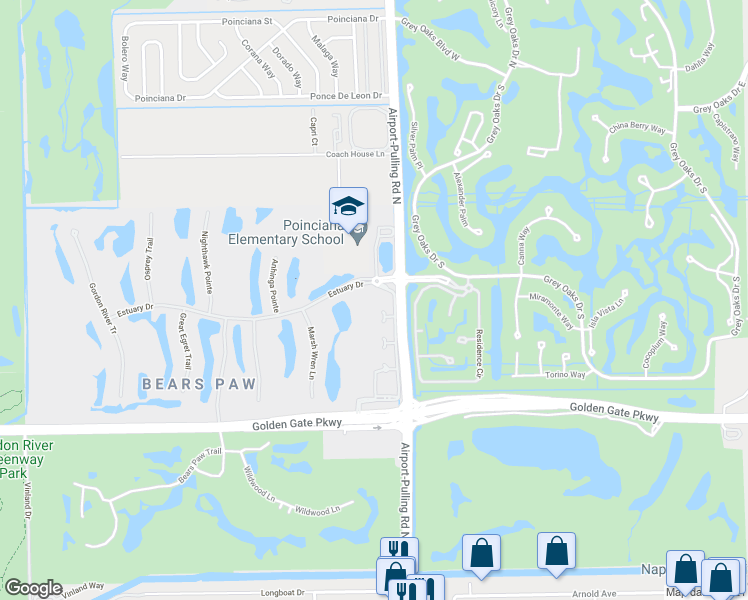 map of restaurants, bars, coffee shops, grocery stores, and more near 2355 Estuary Drive in Naples