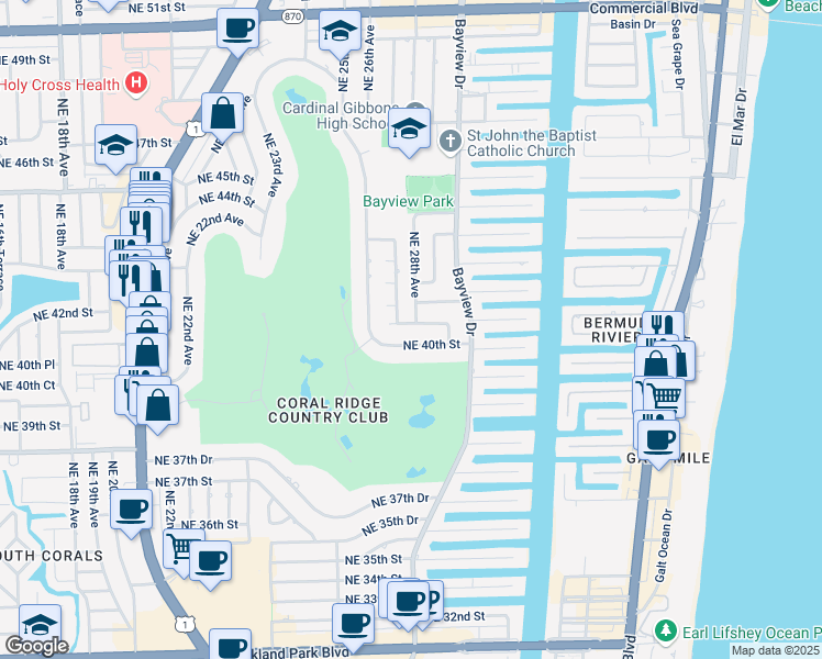 map of restaurants, bars, coffee shops, grocery stores, and more near 2611 Northeast 40th Street in Fort Lauderdale