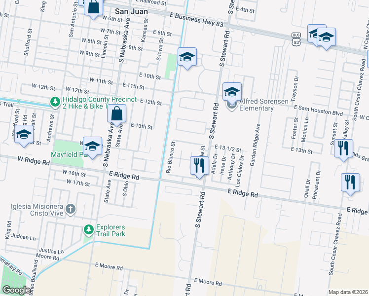 map of restaurants, bars, coffee shops, grocery stores, and more near 1323 Rio Comal Circle in San Juan