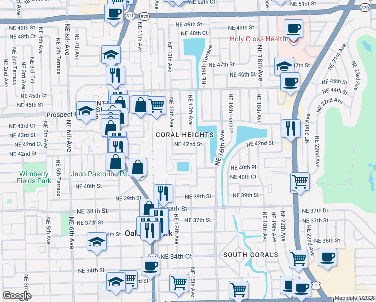 map of restaurants, bars, coffee shops, grocery stores, and more near 1420 Northeast 41st Street in Oakland Park