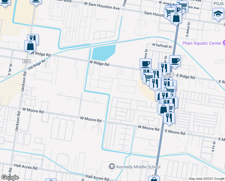 map of restaurants, bars, coffee shops, grocery stores, and more near 1423 South Flag Street in Pharr