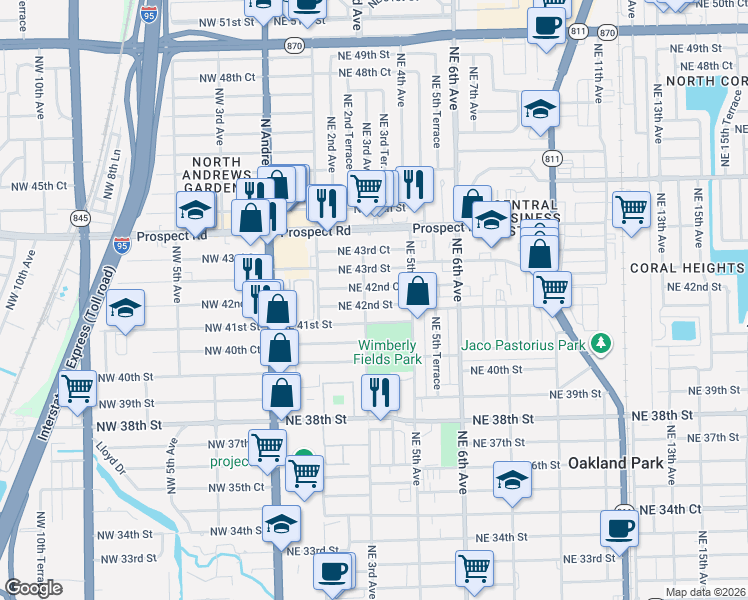 map of restaurants, bars, coffee shops, grocery stores, and more near 331 Northeast 41st Street in Oakland Park