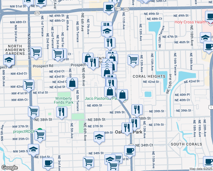 map of restaurants, bars, coffee shops, grocery stores, and more near 880 Northeast 42nd Street in Oakland Park