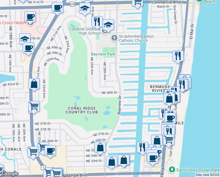 map of restaurants, bars, coffee shops, grocery stores, and more near 2828 Northeast 40th Street in Fort Lauderdale