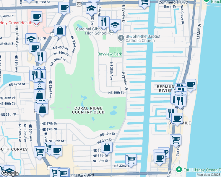 map of restaurants, bars, coffee shops, grocery stores, and more near 2611 Northeast 40th Street in Fort Lauderdale