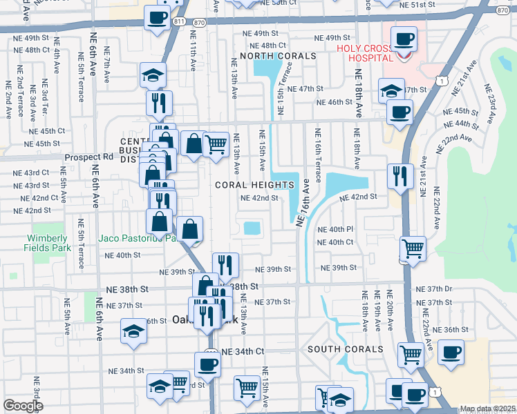 map of restaurants, bars, coffee shops, grocery stores, and more near 1420 Northeast 41st Street in Oakland Park