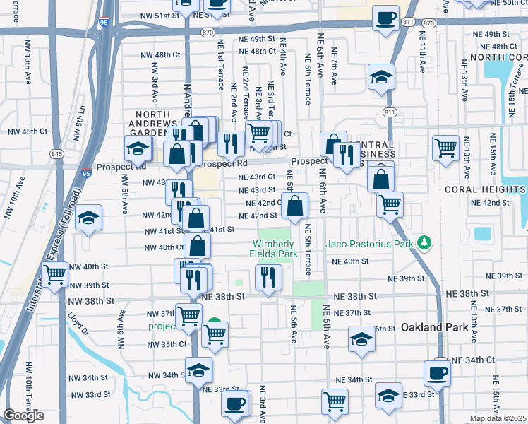 map of restaurants, bars, coffee shops, grocery stores, and more near 331 Northeast 41st Street in Oakland Park