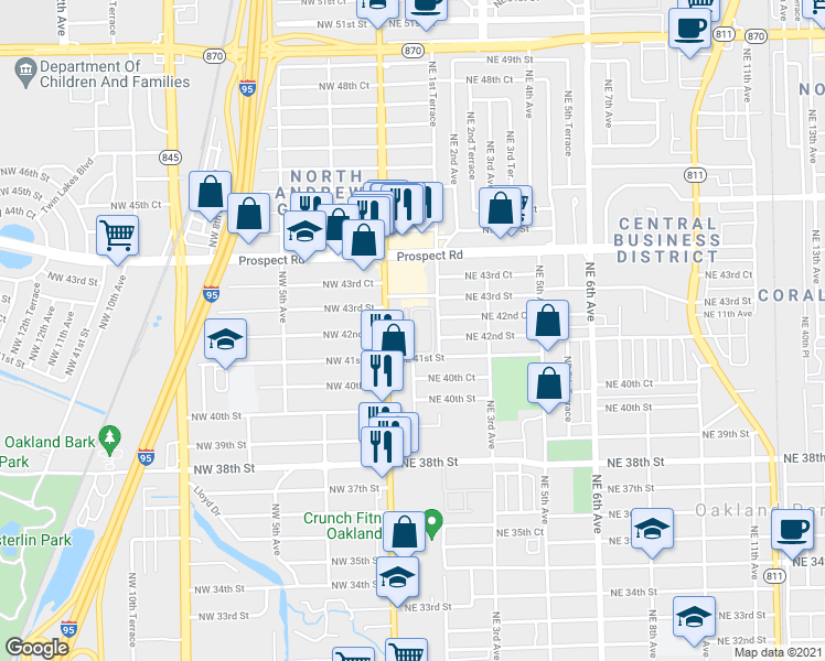 map of restaurants, bars, coffee shops, grocery stores, and more near 4100-4152 North Andrews Avenue in Oakland Park