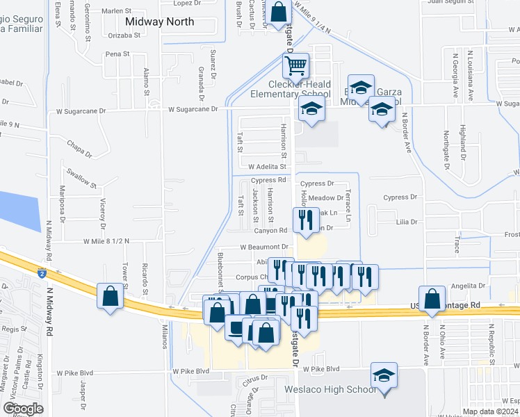 map of restaurants, bars, coffee shops, grocery stores, and more near 1720 Harrison Street in Weslaco