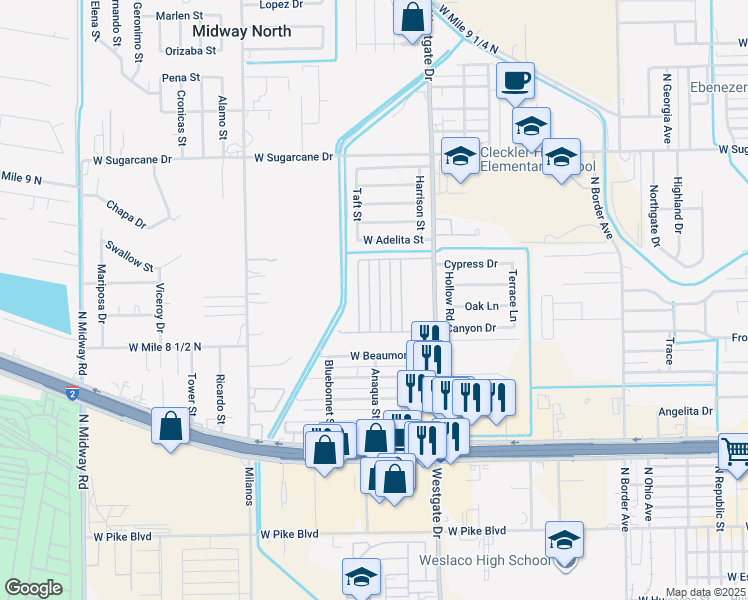map of restaurants, bars, coffee shops, grocery stores, and more near 1800 Taft Street in Weslaco